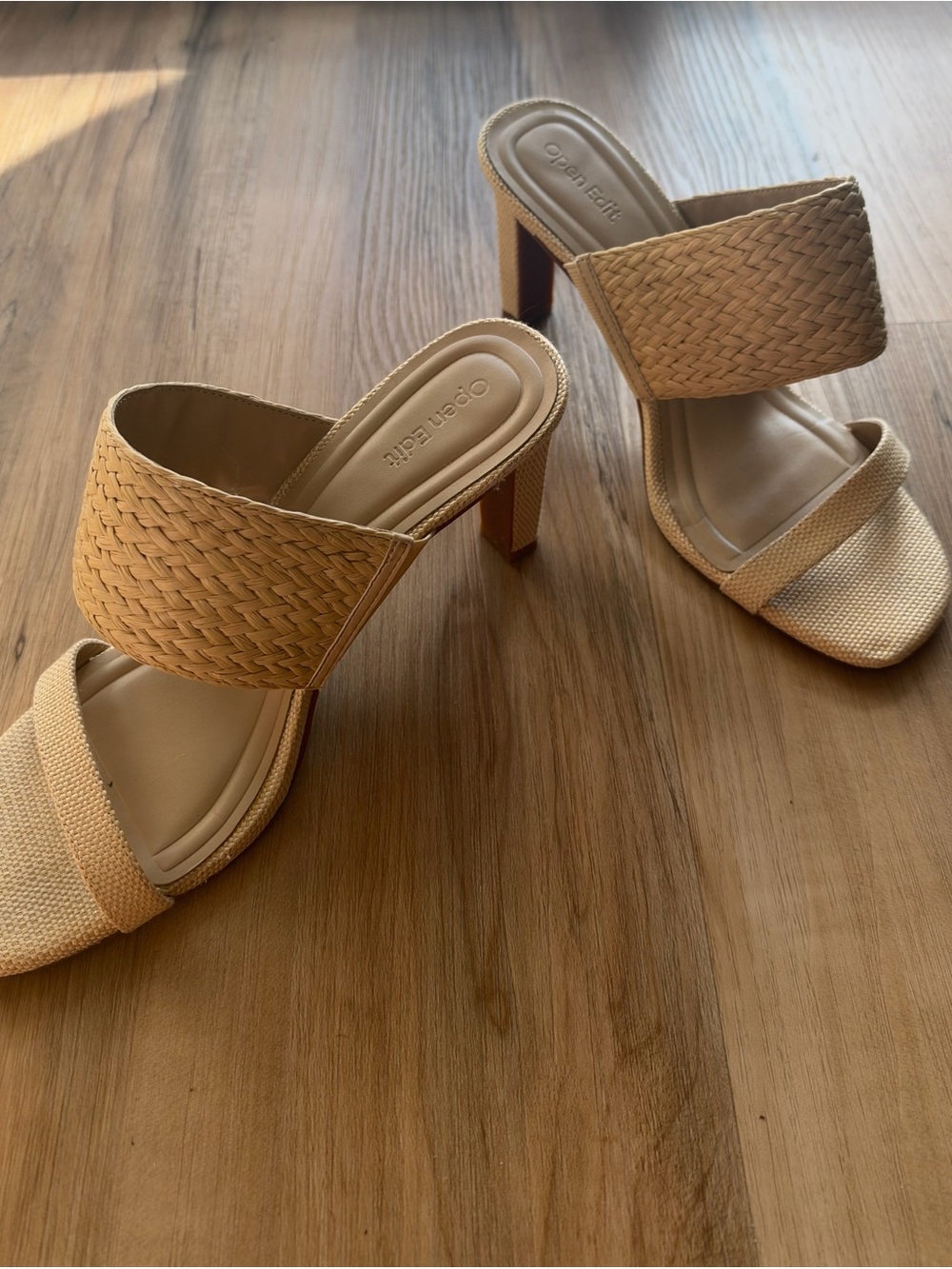 Beige Woven High Heel Slide Sandals